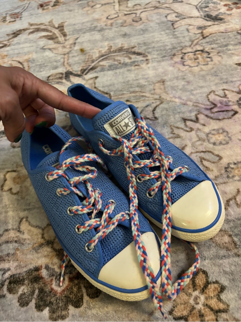 Converse Blue Knit Low-Top Sneakers with Multicolor Braided Laces